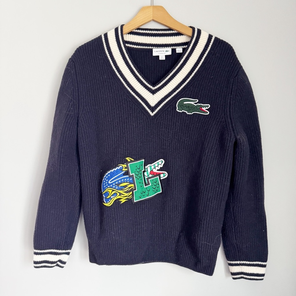 Lacoste Dark Blue V-Neck Comic Patch Sweater - image 1